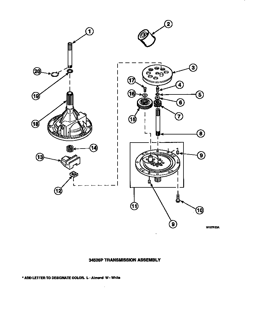 Amana LW8201L2-PLW8201L2A 34526p transmission assembly (cw4202w2/pcw4202w2a) (cw8202w2/pcw8202w2a) (cw8203w2/pcw8203w2a) (cw8413w2/pcw8413w2a) (lw2001w2/plw2001w2a) (lw2501l2/plw2501l2a) (lw2501w2/plw2501w2a) (lw3502l2/plw3502l2a) (lw3502w2/plw3502w2a) (lw3503l2/plw3503l2a) (lw350 diagram