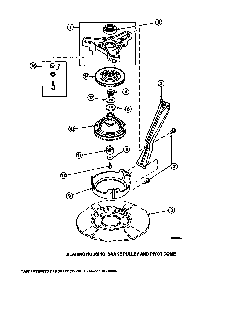Amana LW8201L2-PLW8201L2A bearing housing, brake pulley and pivot dome (cw4202w2/pcw4202w2a) (cw8202w2/pcw8202w2a) (cw8203w2/pcw8203w2a) (cw8413w2/pcw8413w2a) (lw2001w2/plw2001w2a) (lw2501l2/plw2501l2a) (lw2501w2/plw2501w2a) (lw3502l2/plw3502l2a) (lw3502w2/plw3502w2a) (lw3503l2/pl diagram