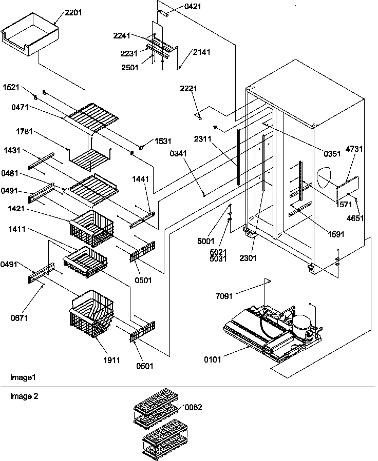 Amana SB520SW-P1185003WW freezer shelves and light diagram