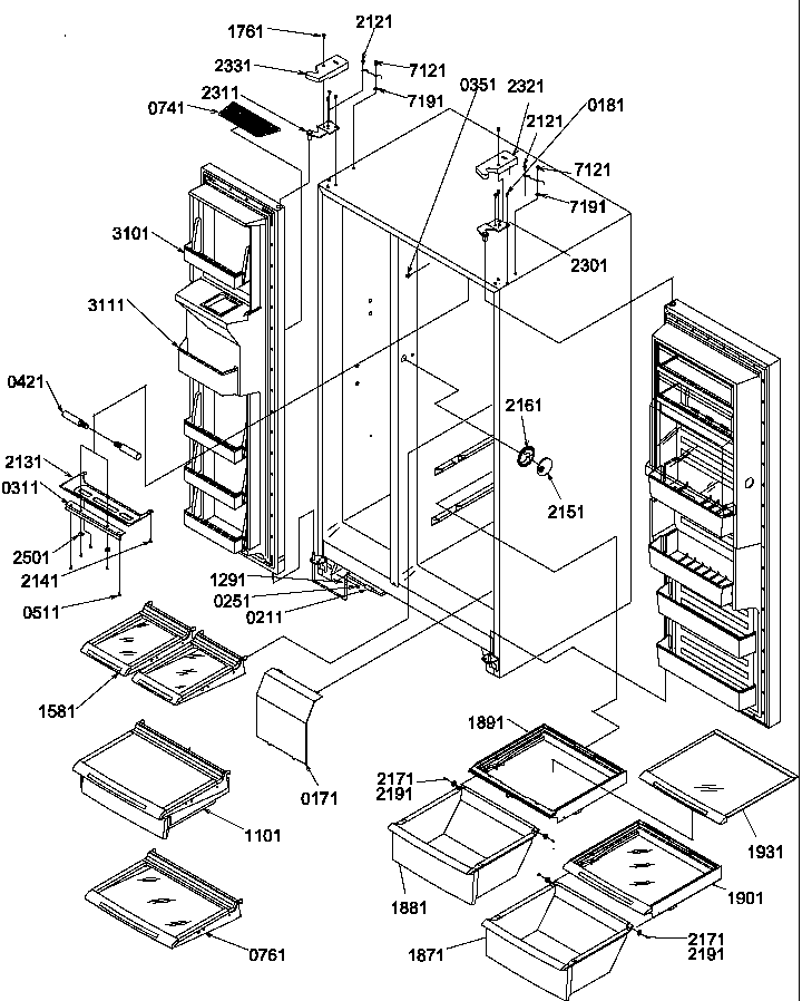 Amana SBDE520SW-P1185202WW refrigerator/freezer shelves, light, and hinges diagram