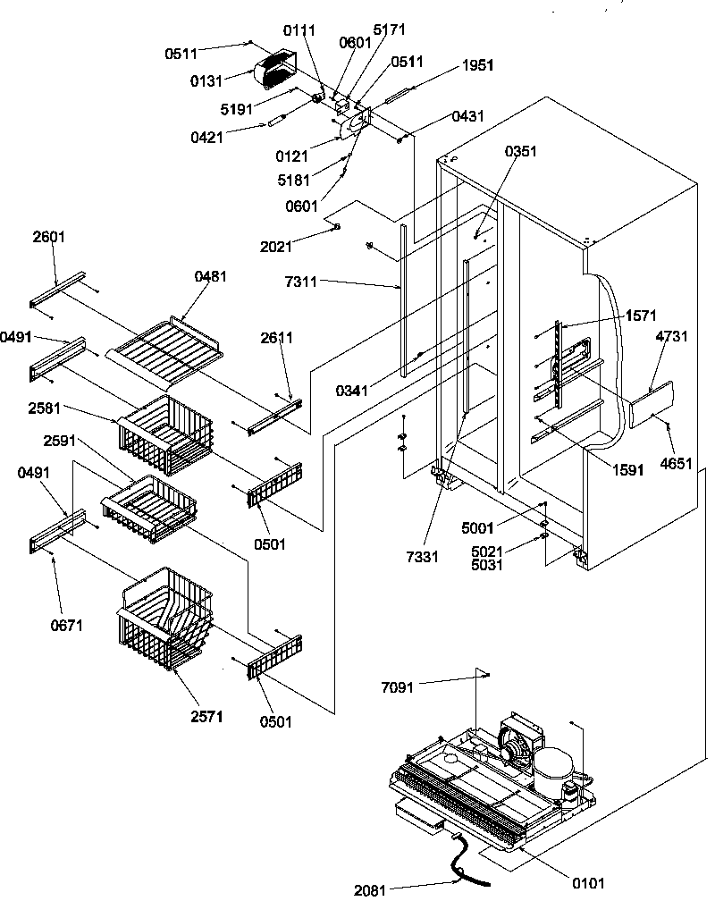 Amana SRDE327S3L-P1184906WL freezer shelves and light diagram