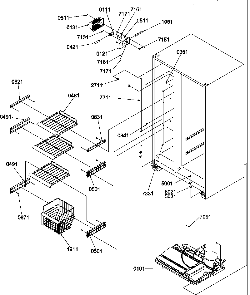 Amana SXD520SL-P1182402WL freezer shelves and light diagram