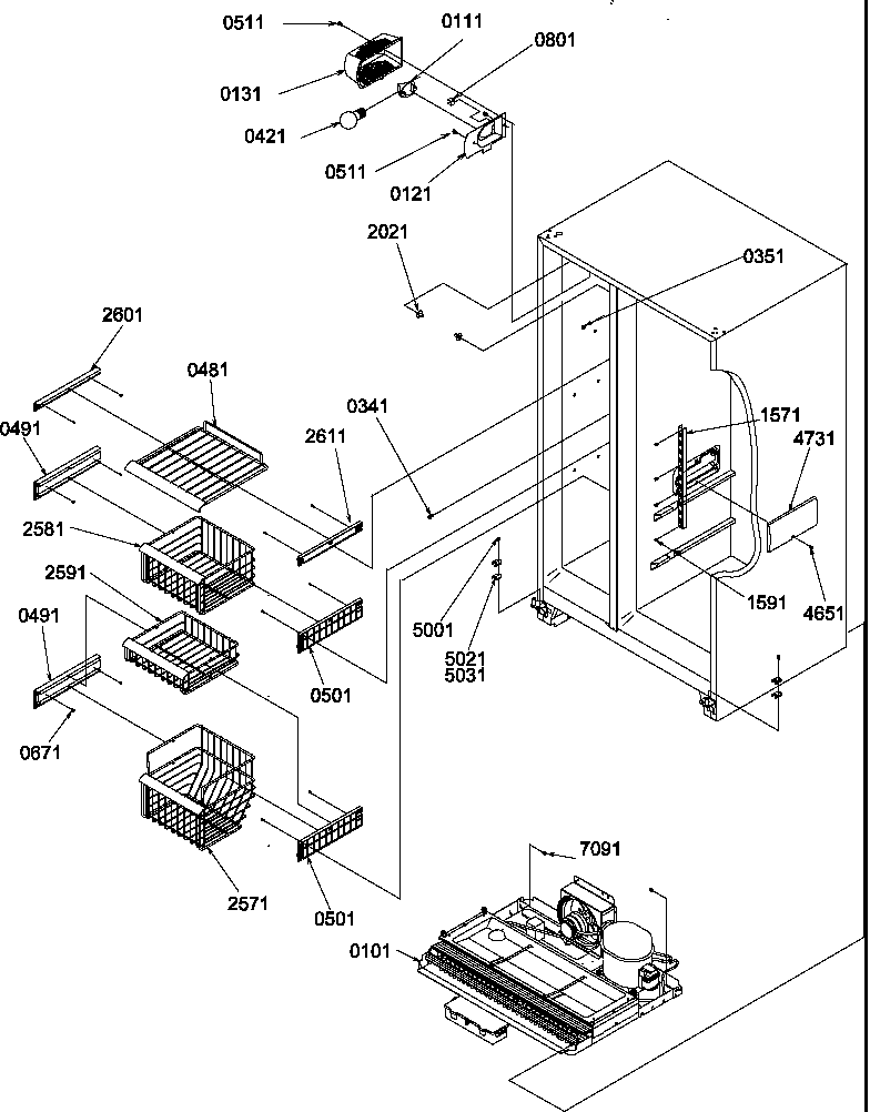 Amana SRD27S4L-P1190306WL freezer shelves and light diagram