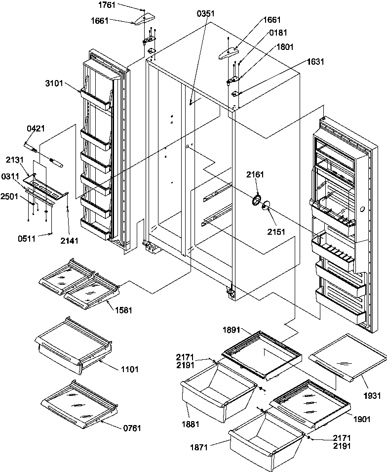Amana SR520SW-P1183002WW refrigerator/freezer shelves, lights, and hinges diagram