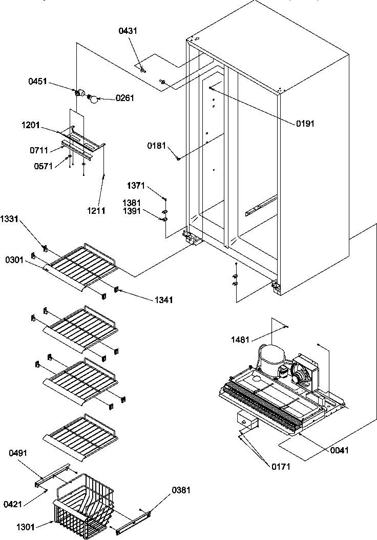 Amana SS21SL-P1193802WL freezer shelves and light diagram