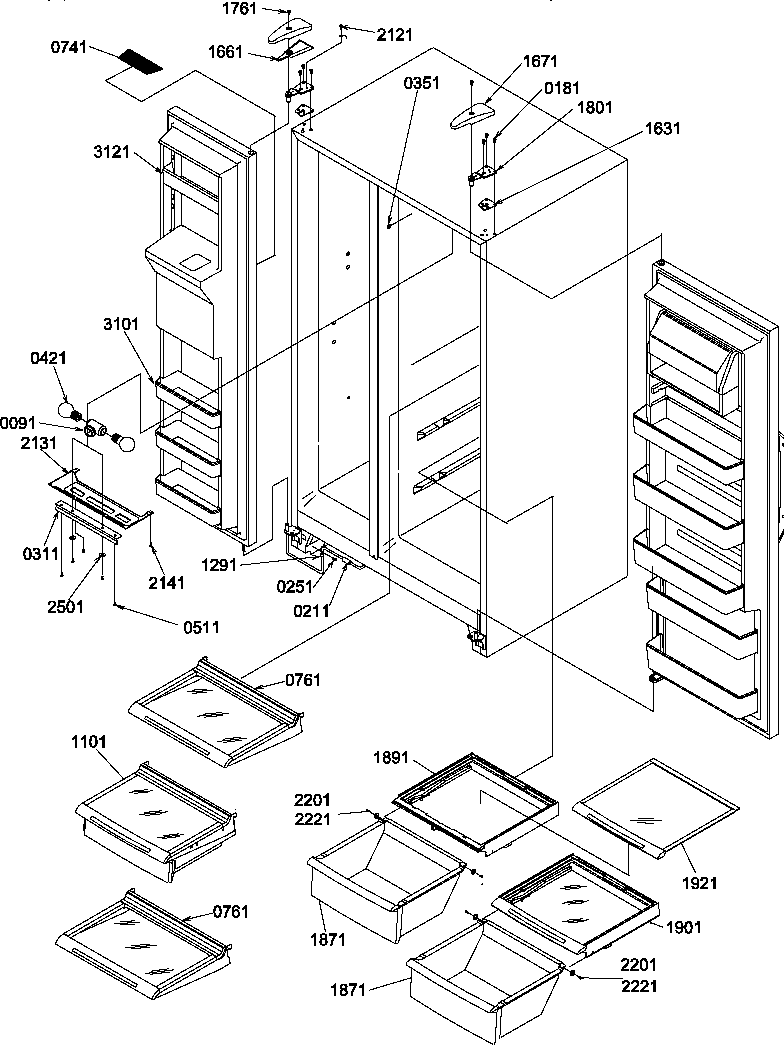 Amana SPD25TW-P1303505WW refrigerator/freezer shelves, lights, and hinges diagram