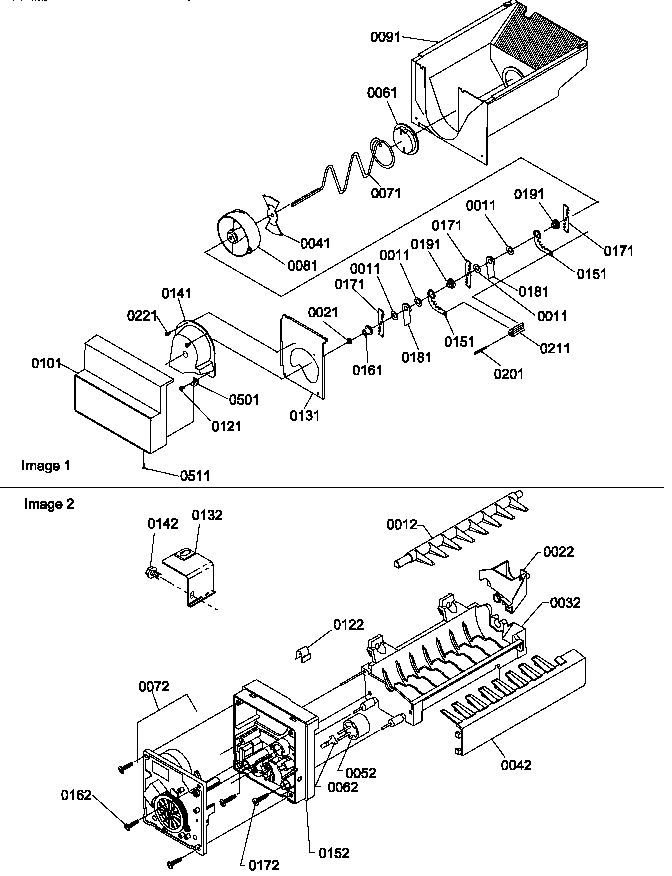 Amana SPD25TW-P1303505WW ice bucket auger and ice maker parts diagram
