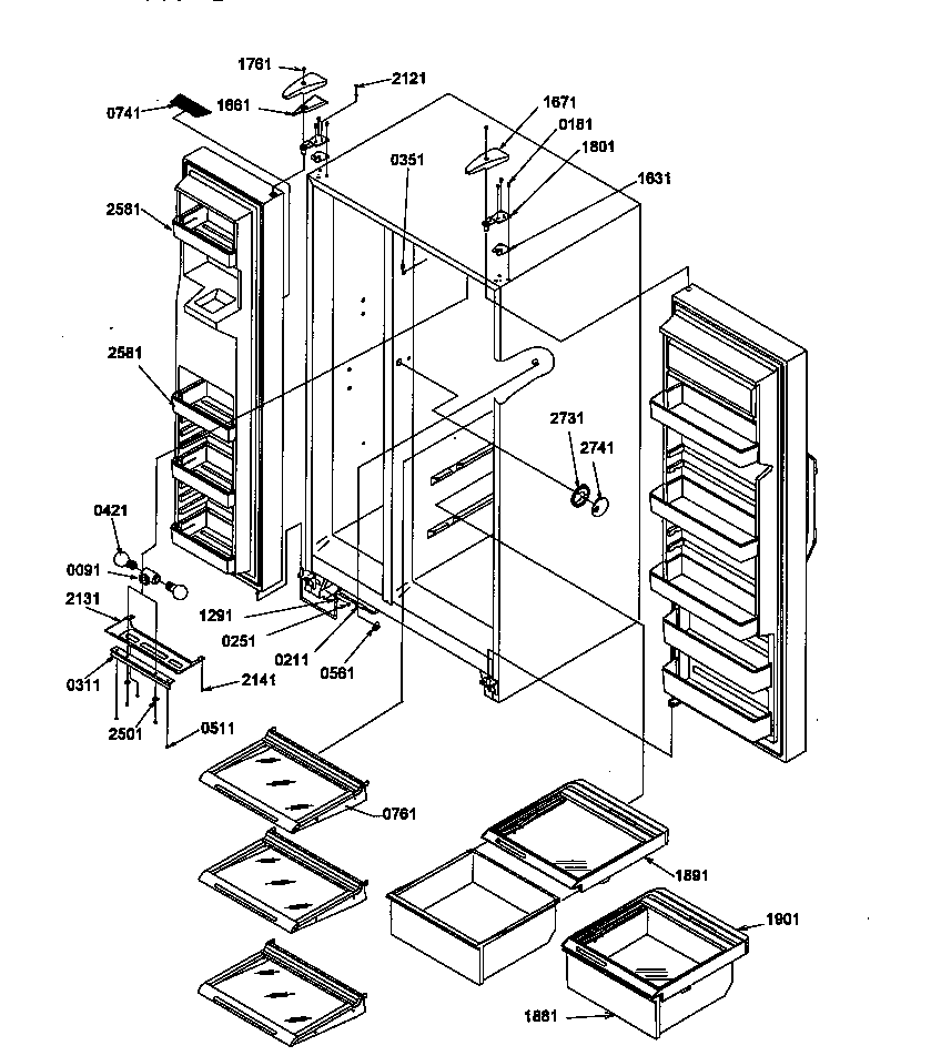 Amana SMD21TBW-P1193914WW refrigerator/freezer shelves, lights, and hinges diagram