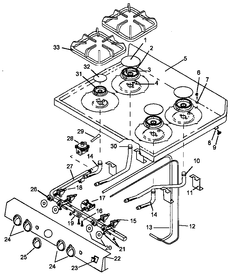 Caloric RLN367UW/P1143143NW main top assembly - sealed burners diagram
