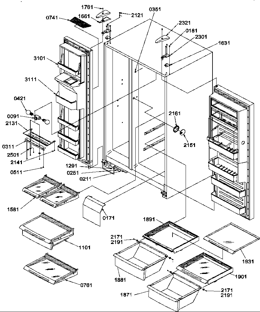 Amana SRD20TPE-P1190811WE refrigerator/freezer shelves, lights, and hinges diagram