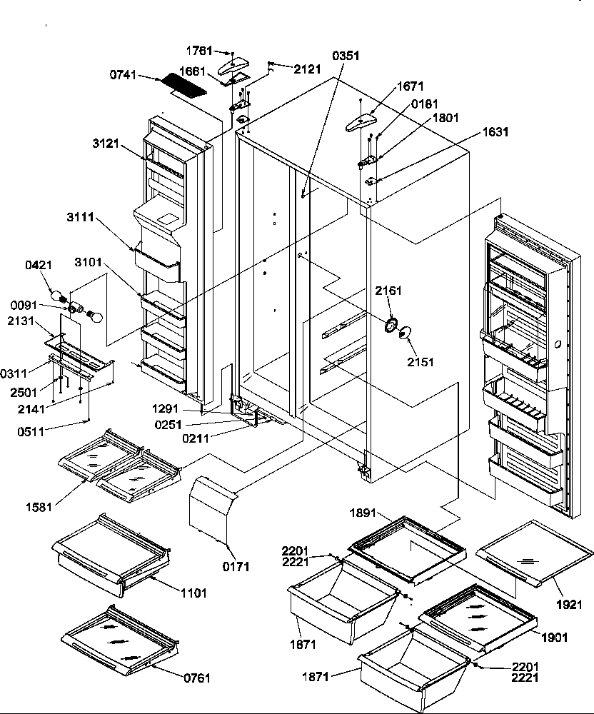 Amana SRD22TPE-P1190307WE refrigerator/freezer shelves, lights, and hinges diagram