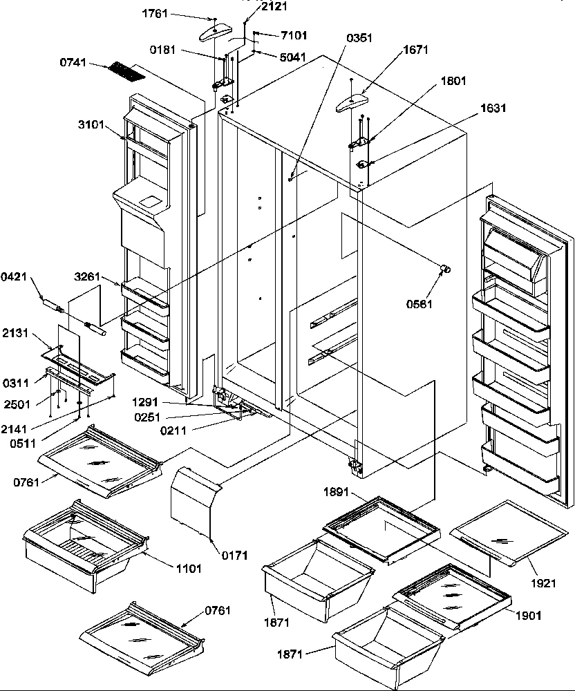 Amana SXD322S2L-P1305702WL refrigerator/freezer shelves, lights, and hinges diagram