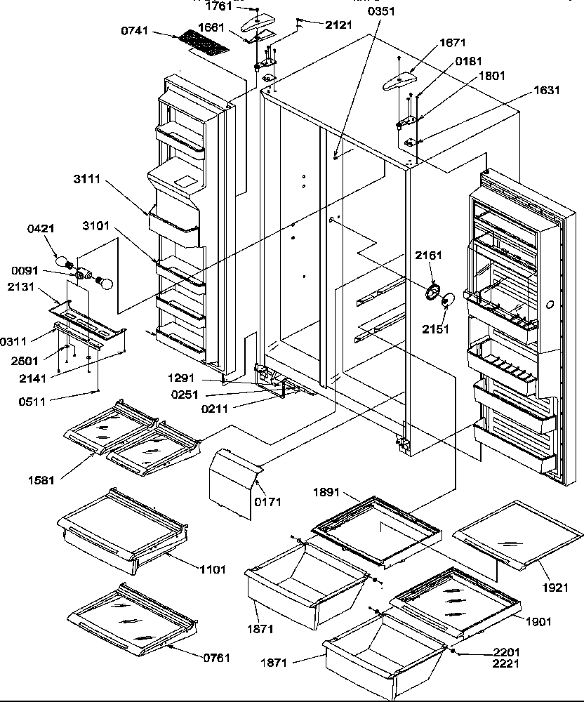 Amana SRD27TPSE-P1190313WE refrigerator/freezer shelves, lights, and hinges diagram