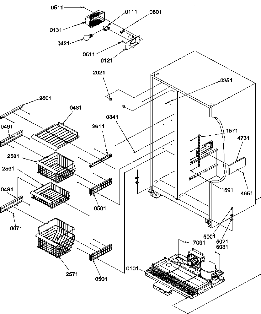 Amana SRD27TPSE-P1190313WE freezer shelves and light diagram