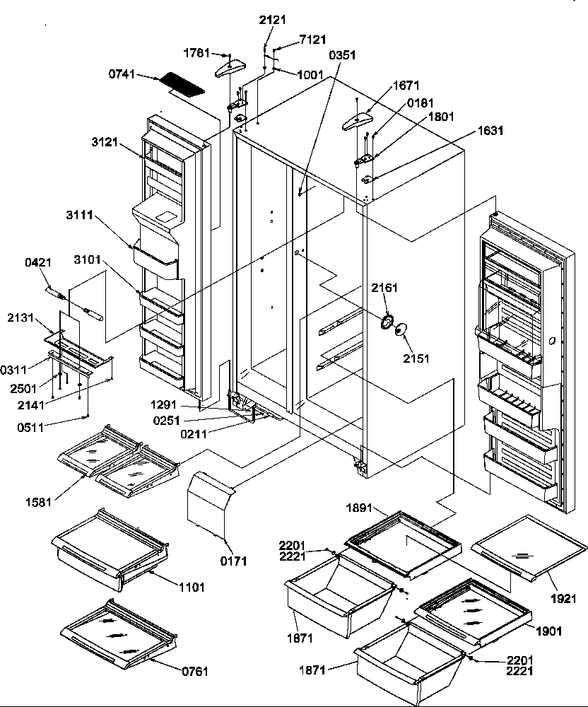 Amana SRD325S5L-P1307201WL refrigerator/freezer shelves, lights, and hinges diagram