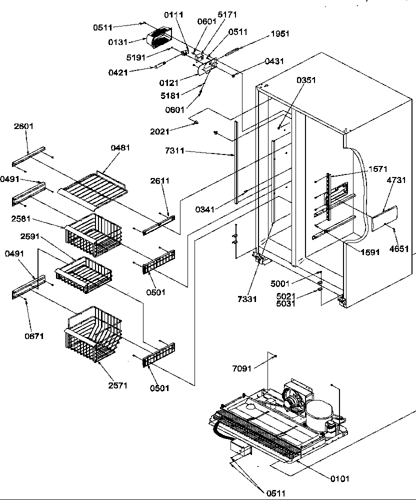 Amana SRD327S3L-P1307102WL freezer shelves and light diagram