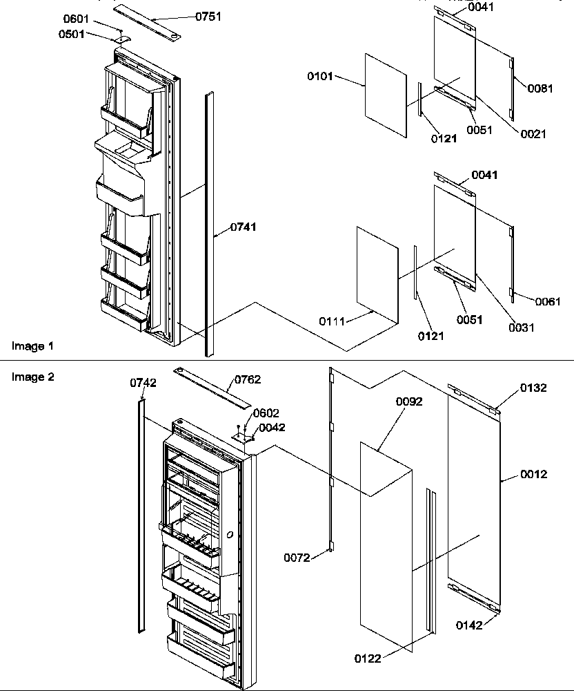 Amana SRDE27TPSE-P1190604WE refrigerator/freezer door trim and panels diagram