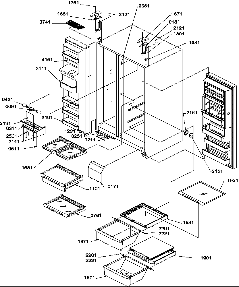 Amana SRDE27TPSE-P1190604WE refrigerator/freezer shelves, lights, and hinges diagram