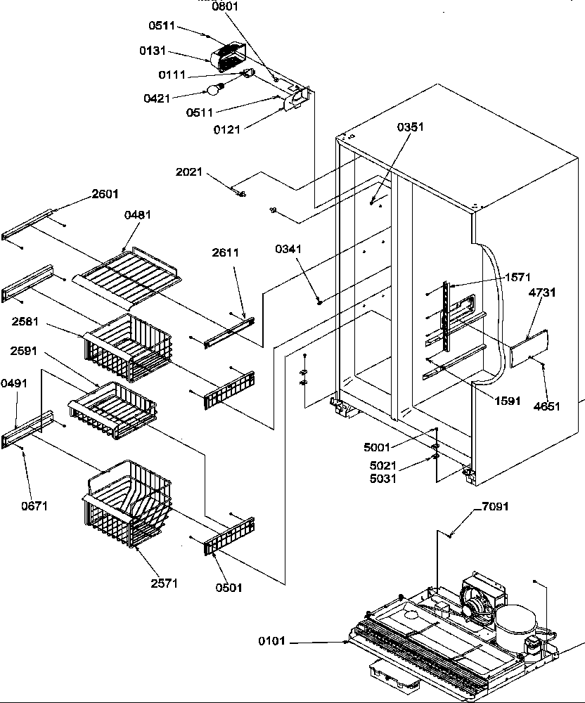 Amana SRDE27TPSE-P1190604WE freezer shelves and light diagram
