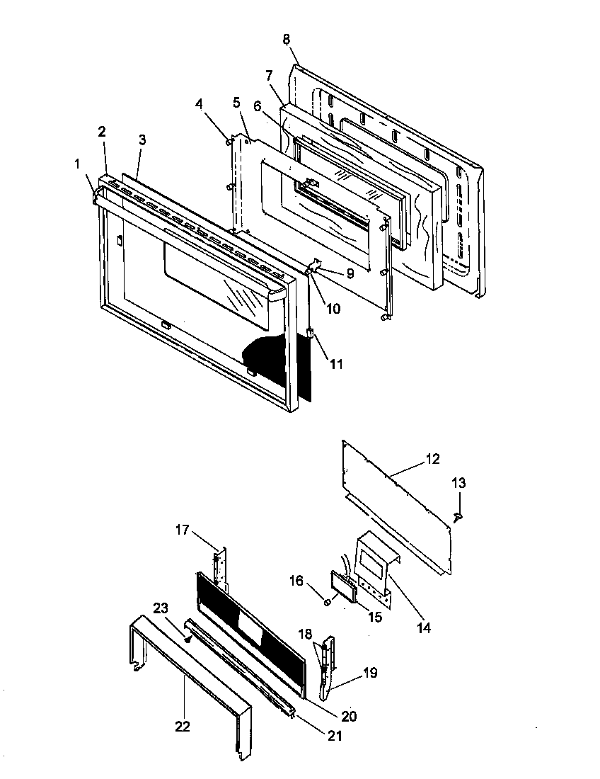 Amana RBK28FG/P1142379NL oven door and backguard assy diagram