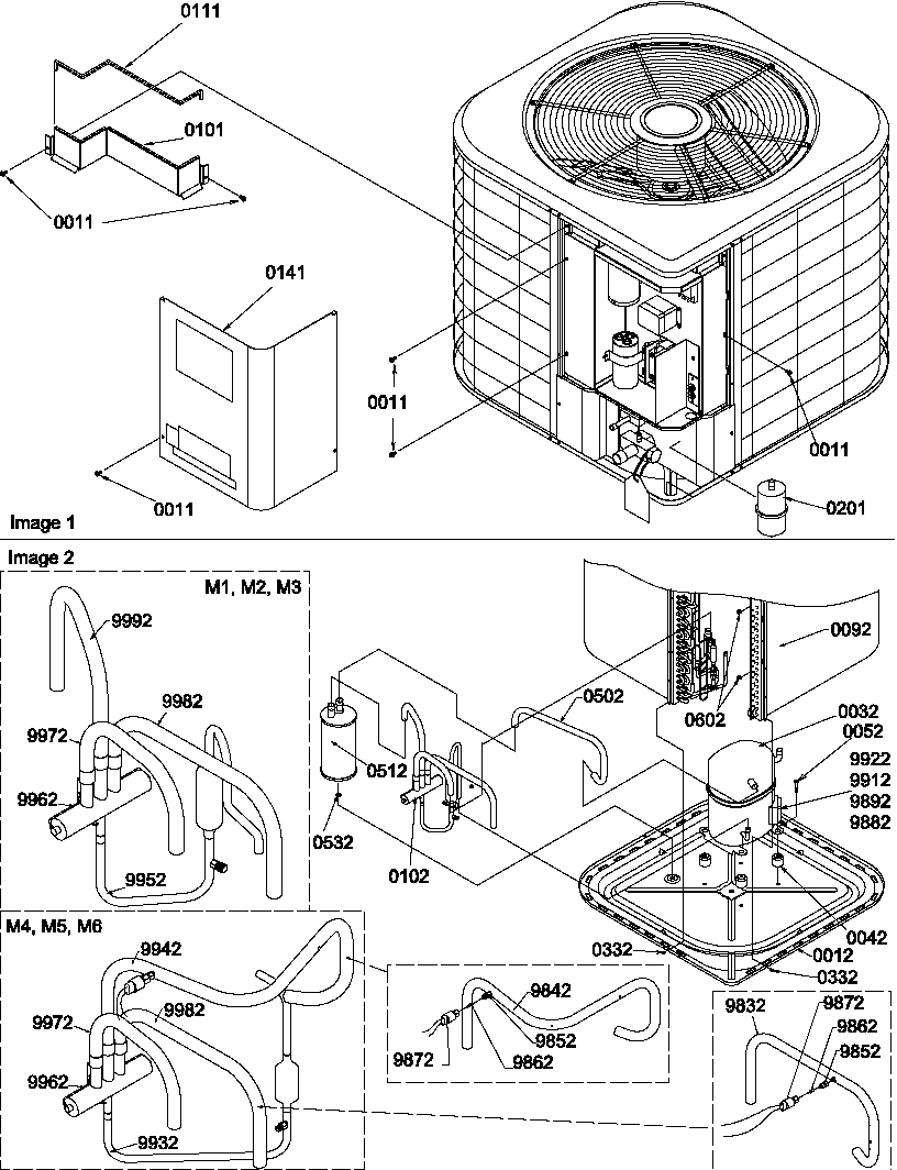 Amana RHA60A4B/P1180226C outer cabinet/compressor/tubing diagram