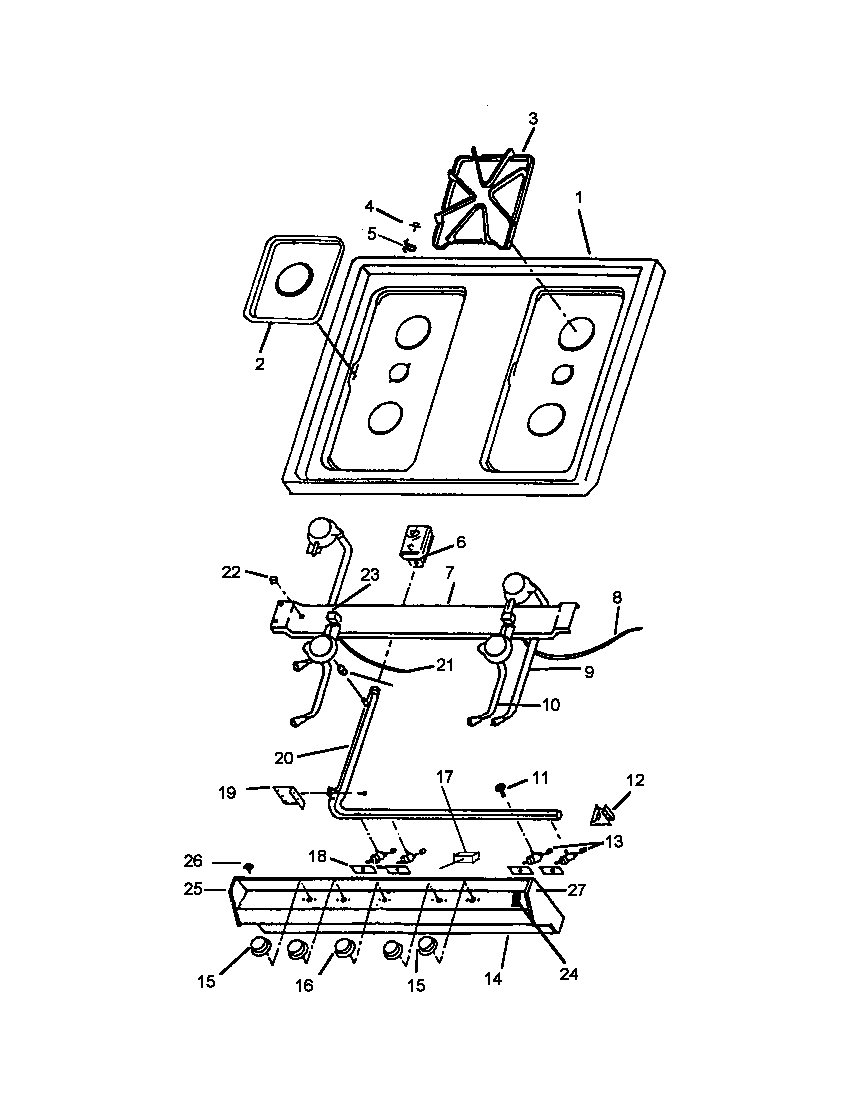 Caloric RLS358UWOF/P1142765NW top burner assy(model 1 only) (rls358uwof/p1142765nw) (rls363u/p1142709nl) diagram