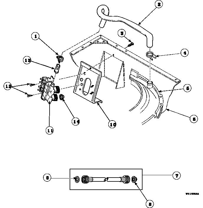 Speed Queen AWM190W2/PAWM190W2 inlet hose, fill hose, mixing valve & mounting bracket diagram