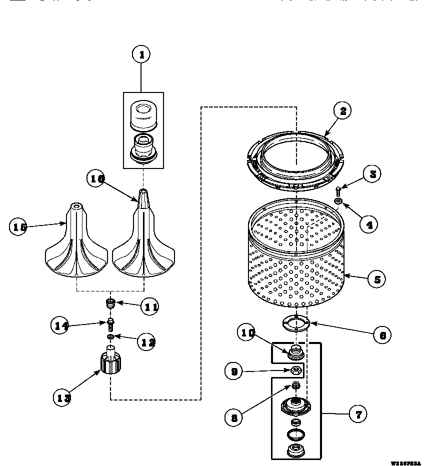 Speed Queen AWM190W2/PAWM190W2 agitator, drive bell, seal kit, washtub and hub diagram