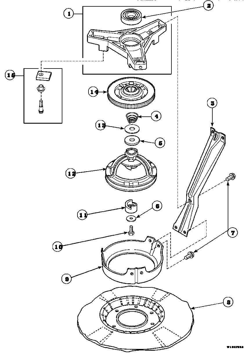 Speed Queen AWM190W2/PAWM190W2 bearing housing, brake, pulley and pivot dome diagram