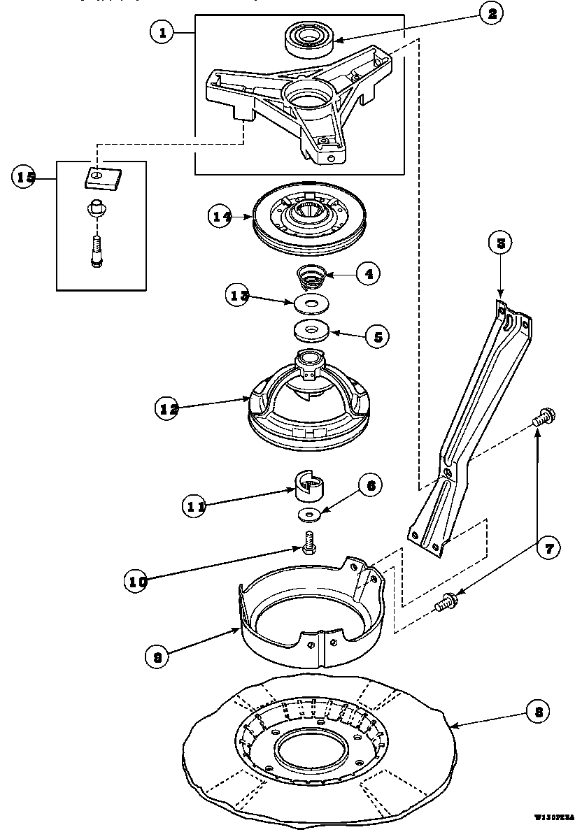 Amana LW8203L2-PLW8203L2 bearing housing, brake, pulley and pivot dome (cw4202w2/pcw4202w2) (cw8202w2/pcw8202w2) (cw8203w2/pcw8203w2) (cw8413w2/pcw8413w2) (lw4203l2/plw4203l2) (lw4203w2/plw4203w2) (lw6001w2/plw6001w2) (lw6143lm/plw6143lm) (lw6143wm/plw6143wm) (lw6153lm/plw6153lm) diagram