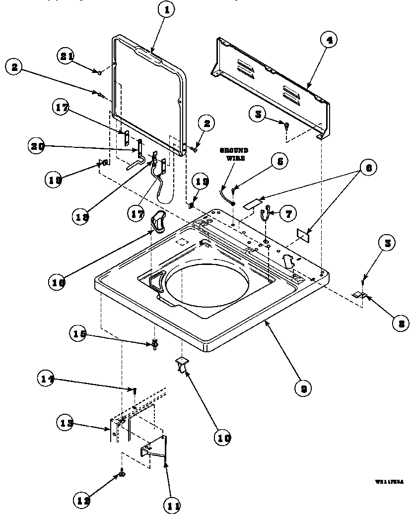 Amana LW8263W2/PLW8263W2 cabinet top, loading door and control hood rear panel diagram