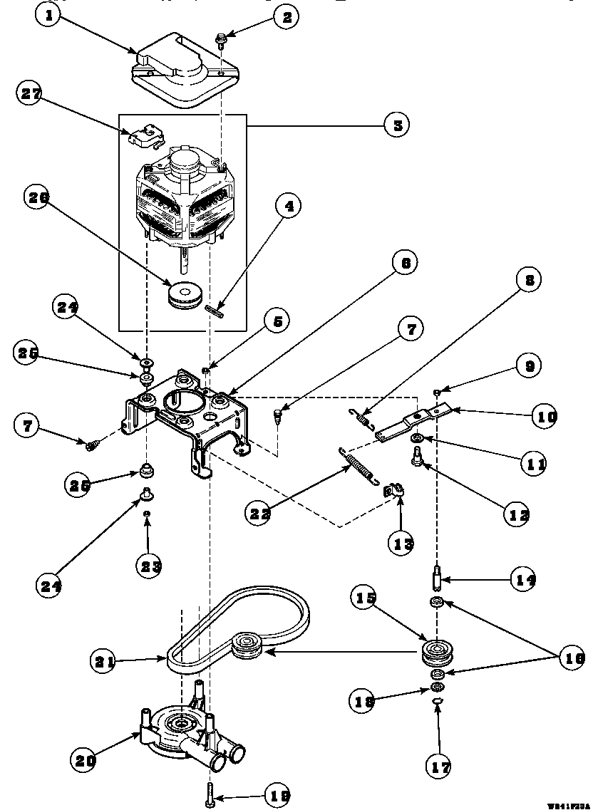 Amana LW8263W2/PLW8263W2 motor, mounting bracket, belt, pump and idler assembly diagram