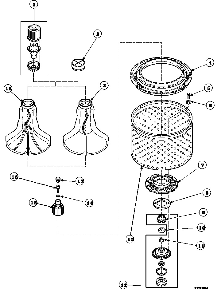 Amana LW8263W2/PLW8263W2 agitator, drive bell, seal kit, washtub and hub diagram