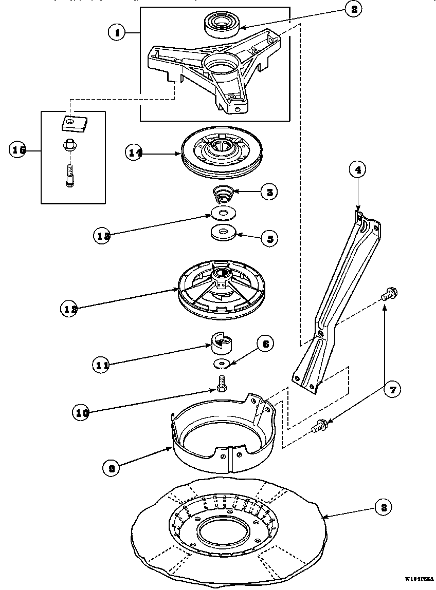 Amana LW8263W2/PLW8263W2 bearing housing, brake, pulley and pivot dome diagram