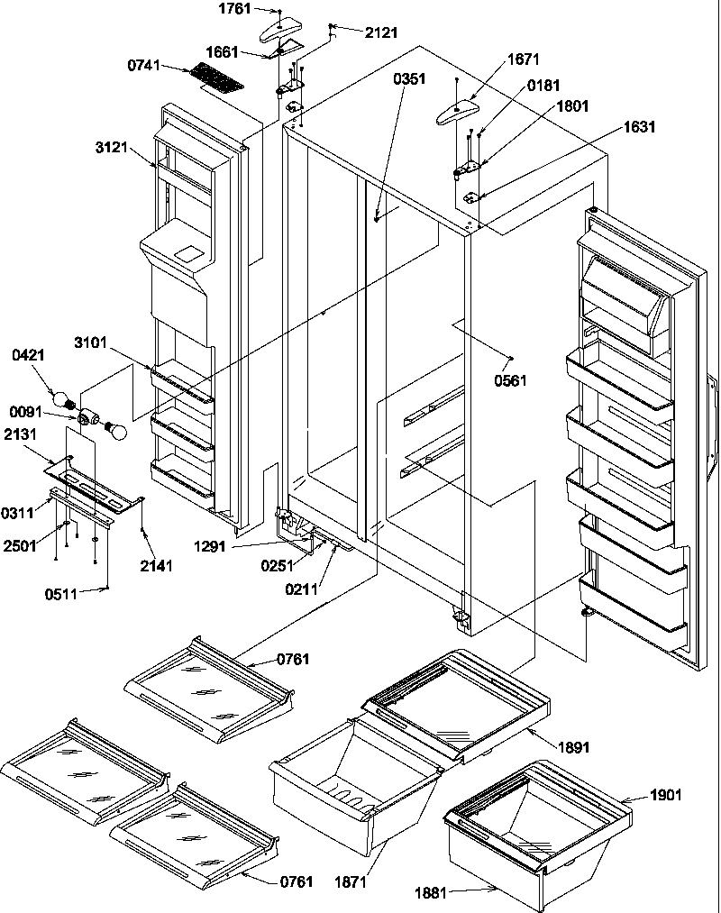 Amana SCD25TBL-P1190428WL refrigerator/freezer shelves, lights, and hinges diagram