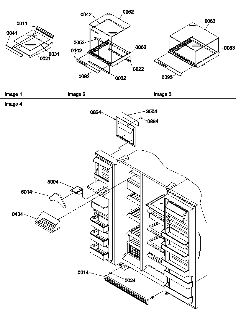Amana SCD25TBL-P1190428WL shelf, crisper assemblies and toe grille diagram