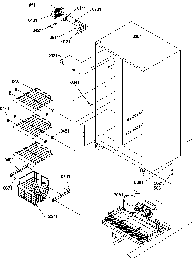 Amana SCD25TBL-P1190428WL freezer shelves and light diagram