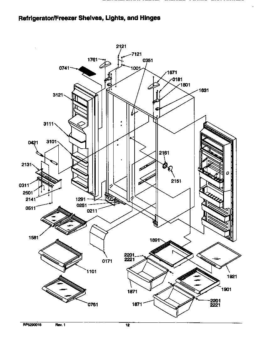Amana SRD526SW-P1184802WW refrigerator/freezer shelves, lights, and hinges diagram