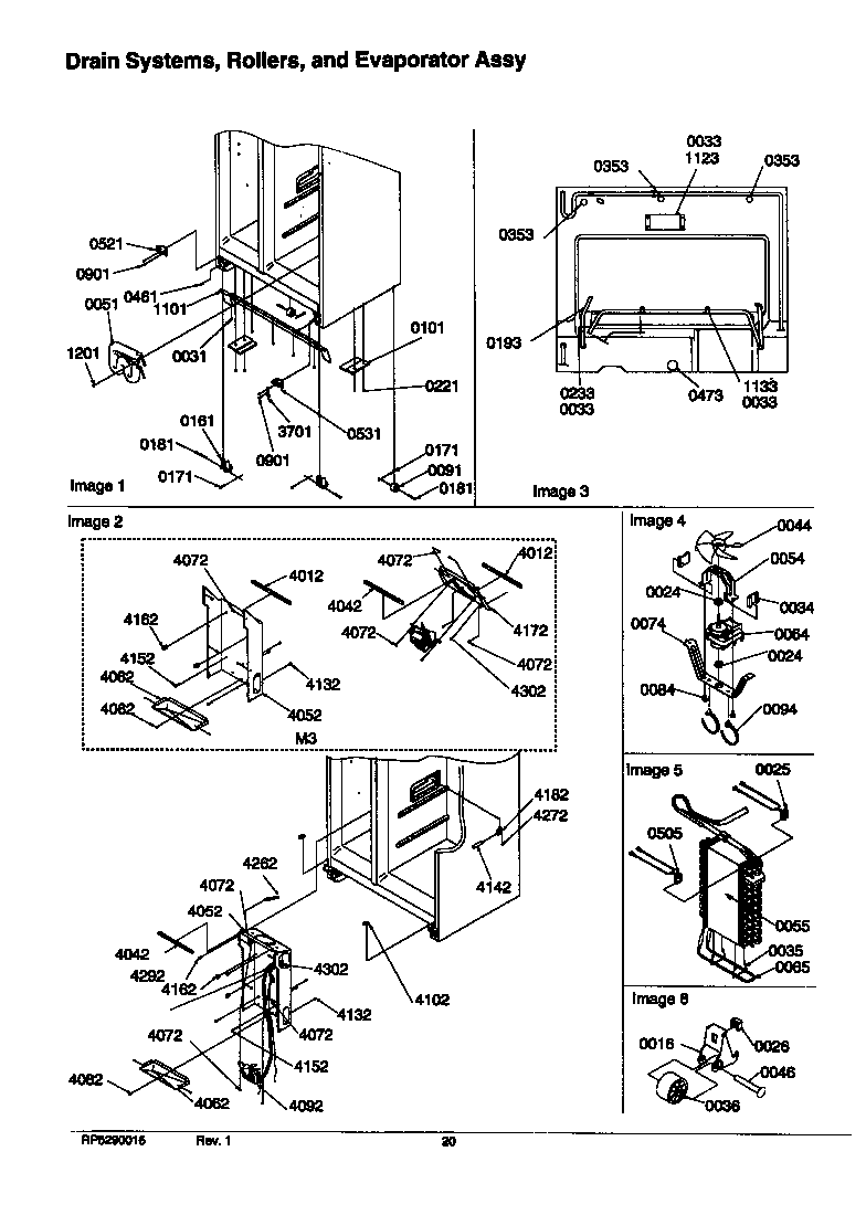 Amana SRD526SW-P1184802WW drain systems, rollers, and evaporator assy diagram