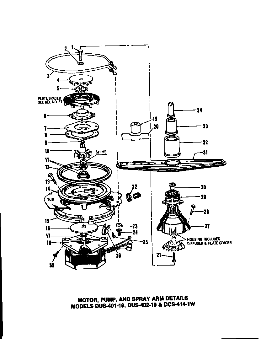 Caloric DUS-406-19 motor, pump, and spray arm details diagram