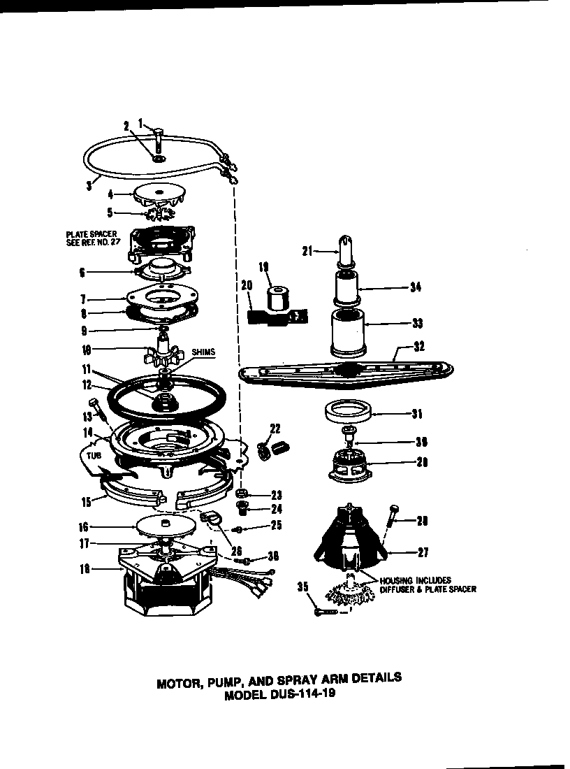 Caloric DUS-406-19 motor, pump, and spray arm details diagram