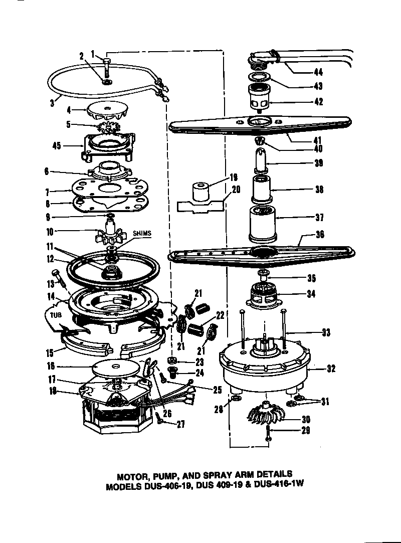 Caloric DUS-406-19 motor, pump, and spray arm details diagram