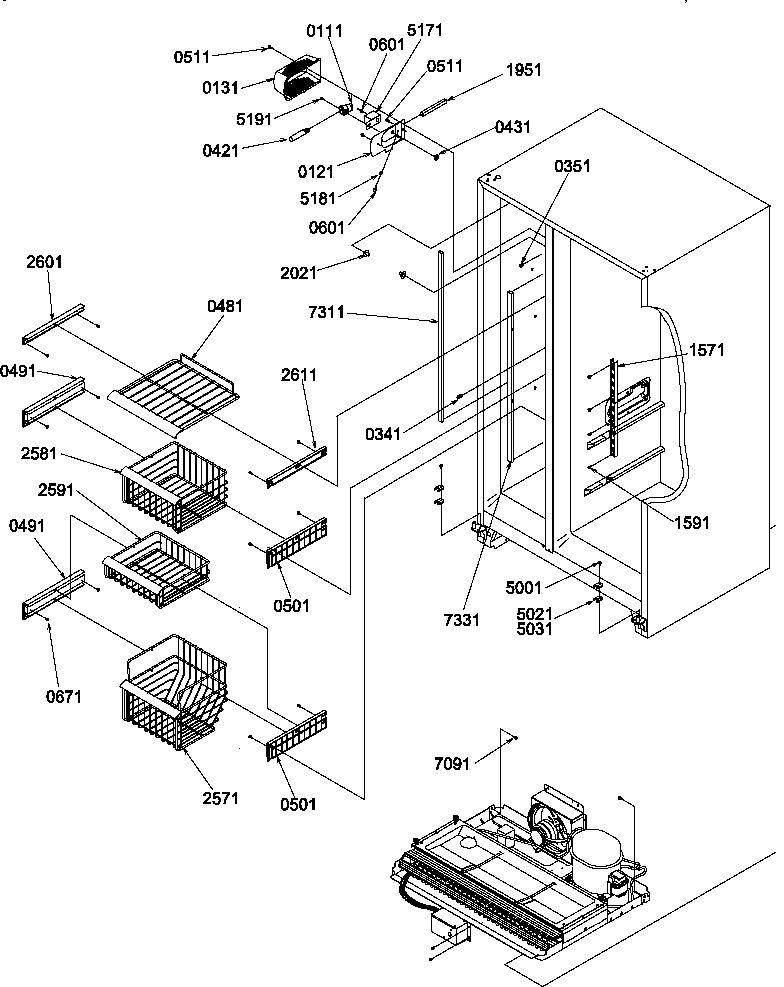 Amana SRD327S3W-P1307105WW freezer shelves and light diagram