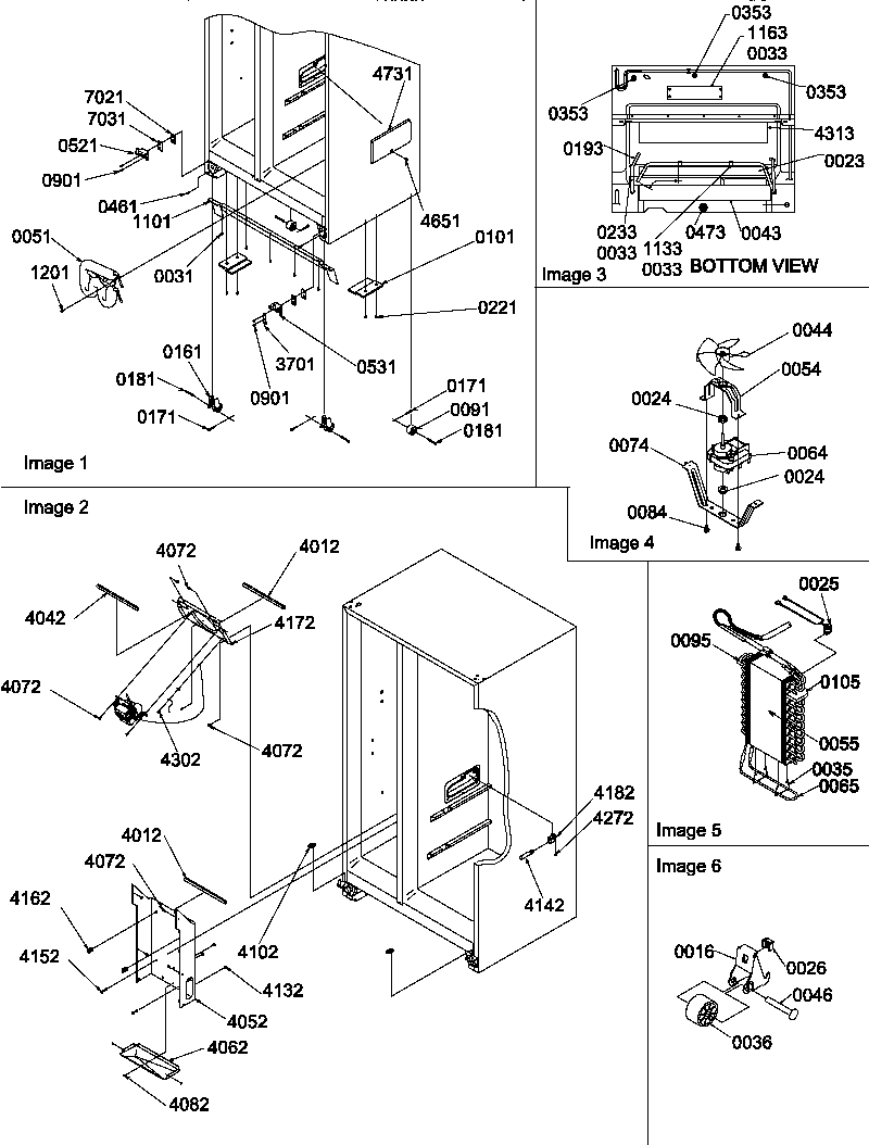Amana SRD327S3W-P1307105WW drain system, rollers, and evaporator assy diagram