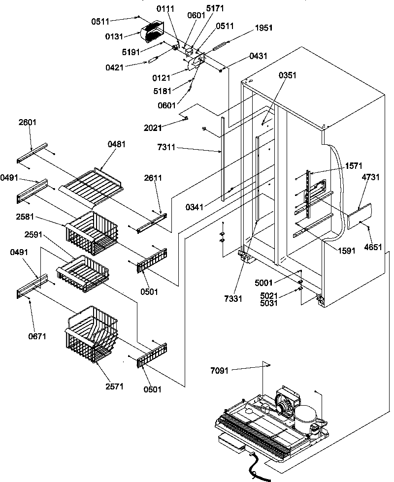 Amana SRDE327S3E-P1307106WE freezer shelves and light diagram