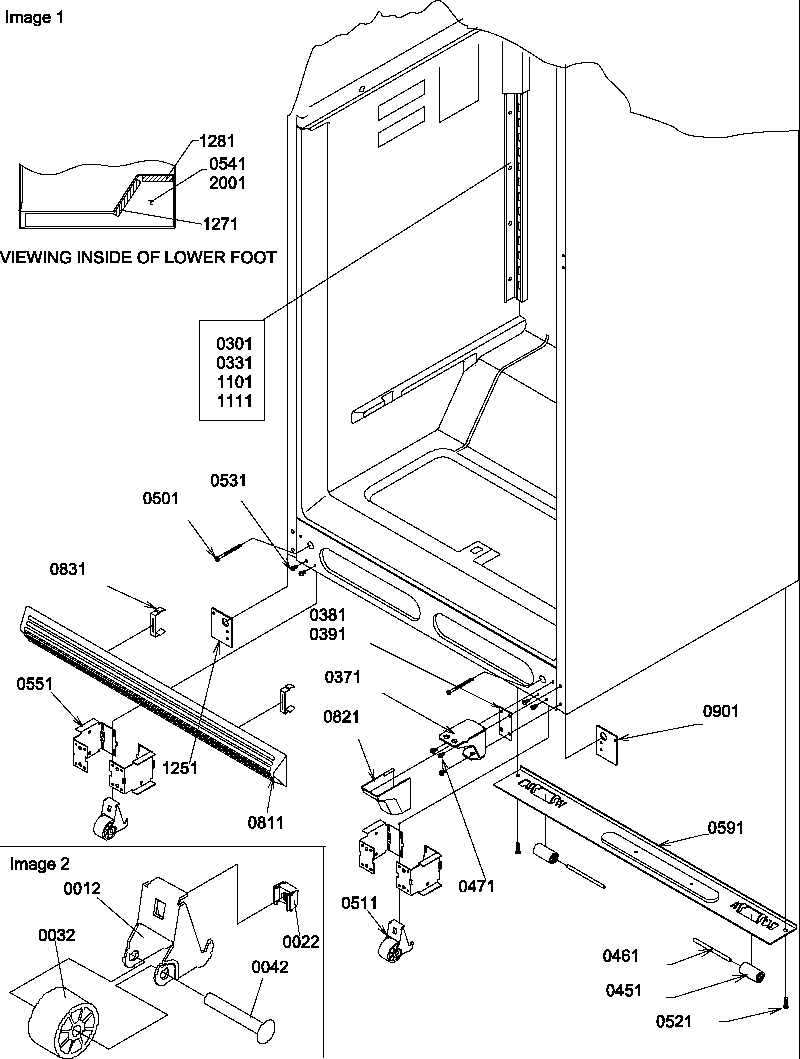 Amana TR18V1W-P1303104WW ladders, lower cabinet and rollers diagram