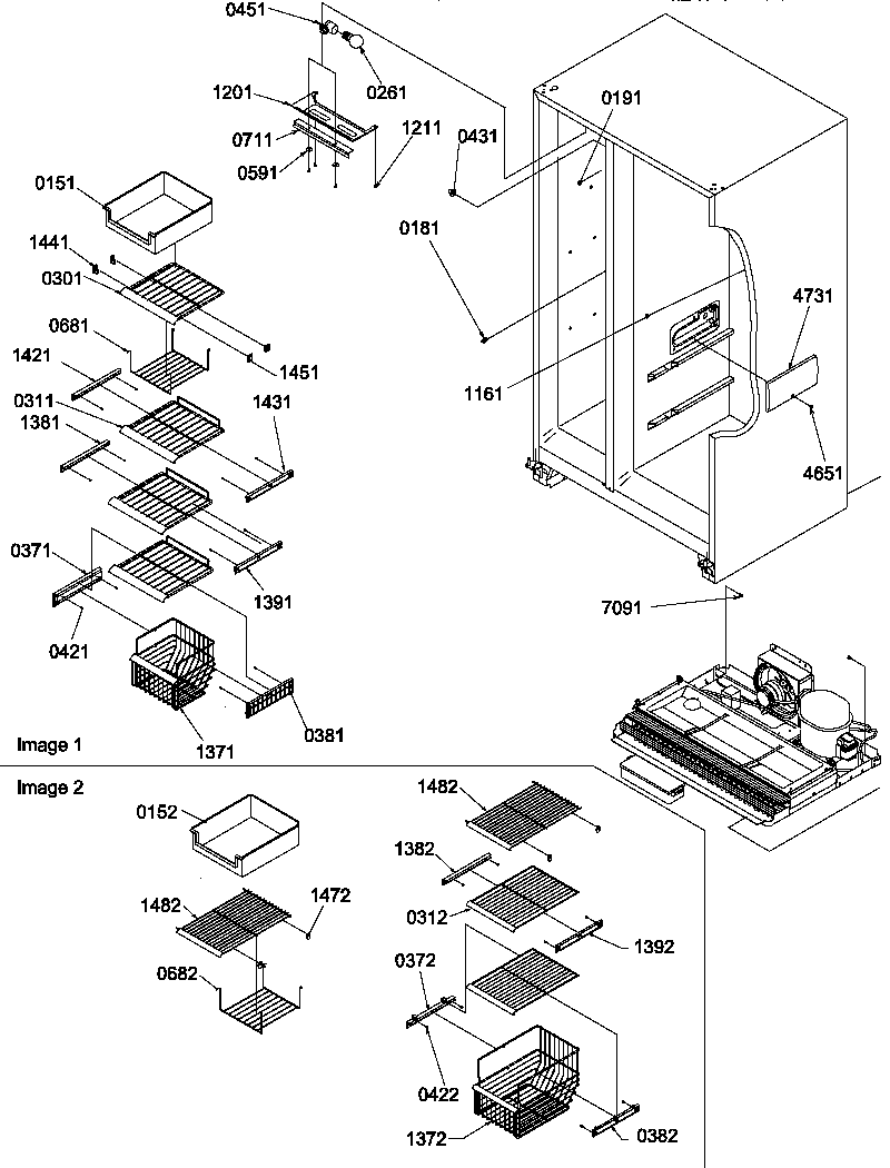 Amana SS25TE-P1194004WE freezer shelves and light diagram