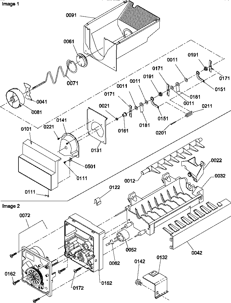 Amana SBDE20TPW-P1190904WW ice bucket auger and ice maker parts diagram