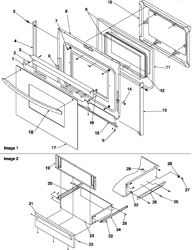 Amana ART6001L/P1143450NL oven door and storage drawer diagram