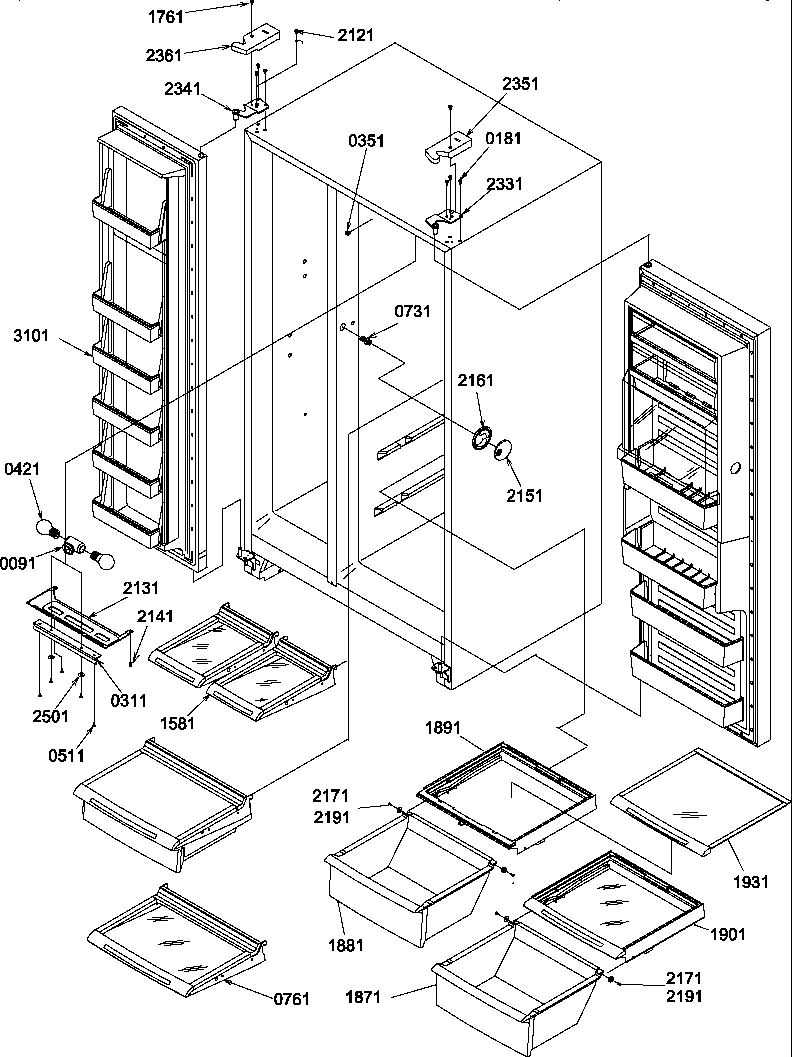 Amana SBI20S2E-P1190703WE refrigerator/freezer shelves, lights, and hinges diagram